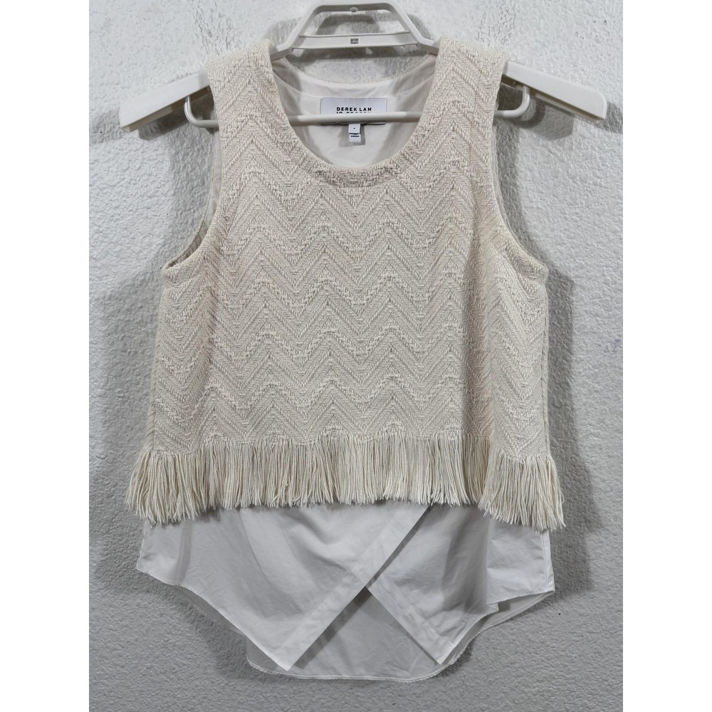 Derek Lam 10 Crosby Shirt Womens 4 White Fringe Hem Layered Chevron Top